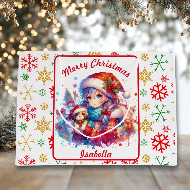 Anime Girl in Weihnachtsmannmütze Wasserfarben Wei Große Geschenktüte (Von Creator hochgeladen)