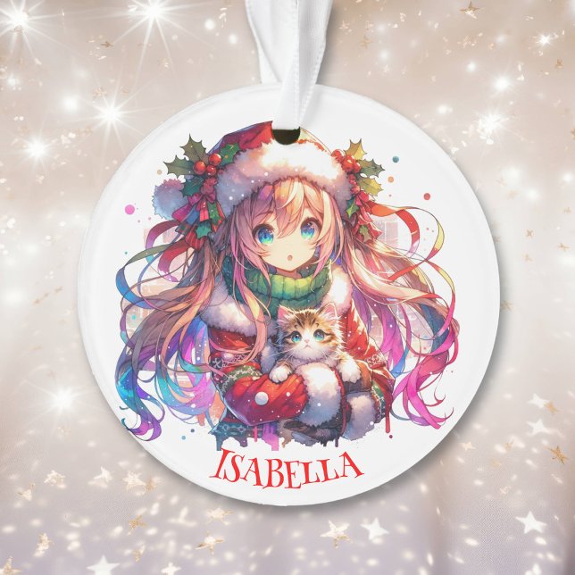 Anime Girl in Weihnachtsmannmütze Wasserfarben Wei Ornament (Von Creator hochgeladen)