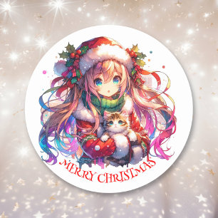 Anime Girl in Weihnachtsmannmütze Wasserfarben Wei Runder Aufkleber