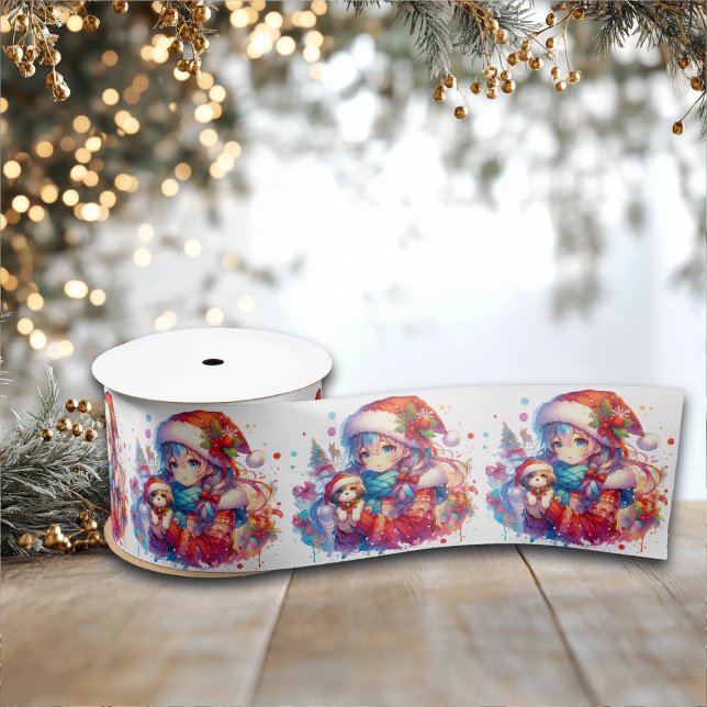 Anime Girl in Weihnachtsmannmütze Wasserfarben Wei Satinband (Von Creator hochgeladen)