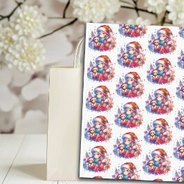 Anime Girl in Weihnachtsmannmütze Wasserfarben Wei Seidenpapier