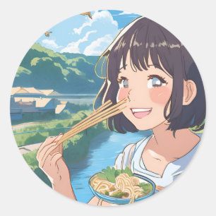 Anime Girl isst Ramenaufkleber Runder Aufkleber