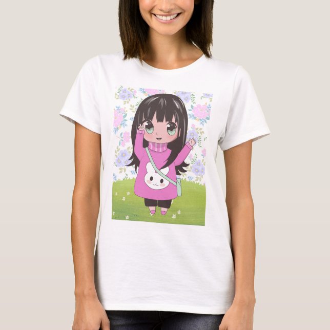 Anime Girl mit Blume T-Shirt (Vorderseite)