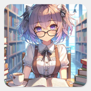 Anime Girl mit Brille an der Bibliothek Quadratischer Aufkleber