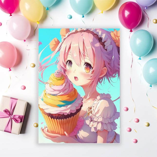 Anime Girl mit Cupcake Birthday Party Einladung (Von Creator hochgeladen)
