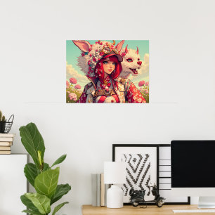 Anime Girl mit Fantasiewesen, postierend Poster