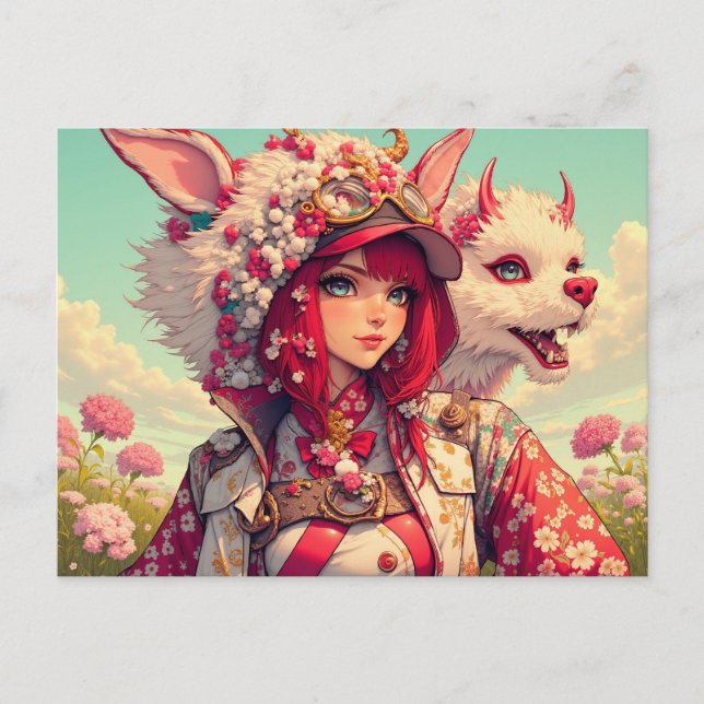 Anime Girl mit Fantasiewesen, postierend Postkarte (Vorderseite)