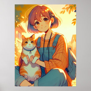 Anime Girl mit ihrer Lieblingskatze Poster