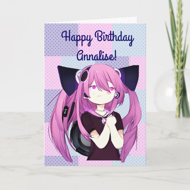 Anime Girl mit Kopfhörern Katzenohren Geburtstag Karte (Vorderseite)