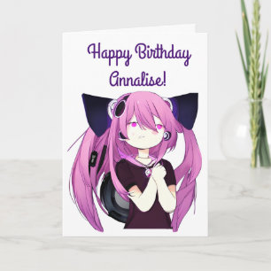 Anime Girl mit Kopfhörern Katzenohren Geburtstag Karte