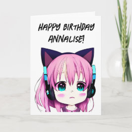 Anime Girl mit Kopfhörern und Cat Ears Geburtstag Karte