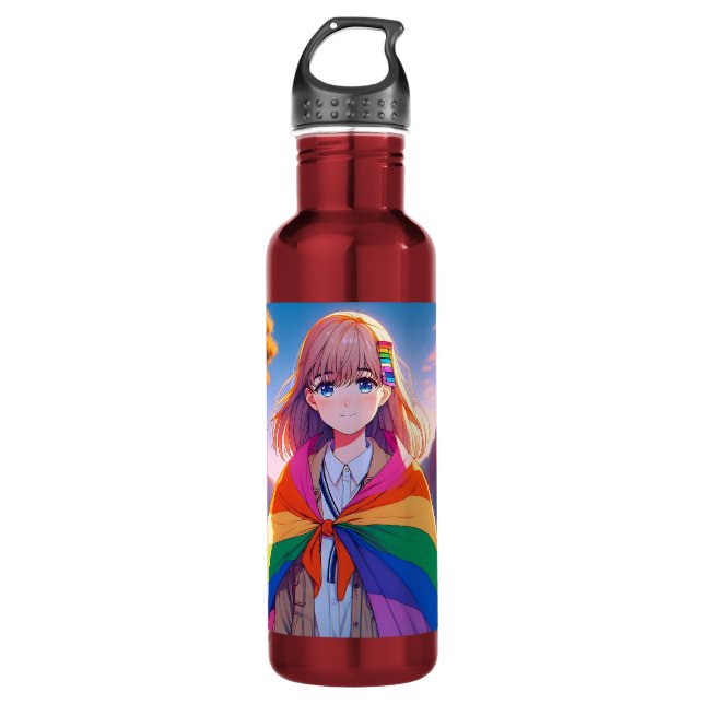 Anime Girl mit LGBTQIA+ Cape Edelstahlflasche (Vorderseite)