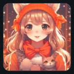 Anime Girl mit Orange Kitten Christmas Quadratischer Aufkleber<br><div class="desc">Niedliches animiertes Mädchen mit orangefarbenem Kätzchen mit Weihnachtsbeleuchtung Hintergrund Winteraufkleber.</div>