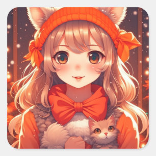 Anime Girl mit Orange Kitten Christmas Quadratischer Aufkleber