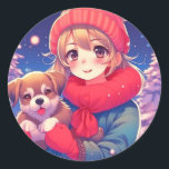 Anime Girl mit Puppy Christmas Runder Aufkleber<br><div class="desc">Niedliche Weihnachtsaufkleber mit einem hübschen Anime-Mädchen mit Winterhut zu Weihnachten mit einem Welpenhund.</div>