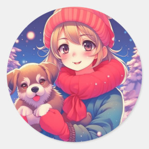 Anime Girl mit Puppy Christmas Runder Aufkleber
