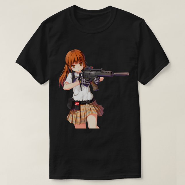 Anime Girl mit Schusswaffendesign cool T-Shirt (Design vorne)