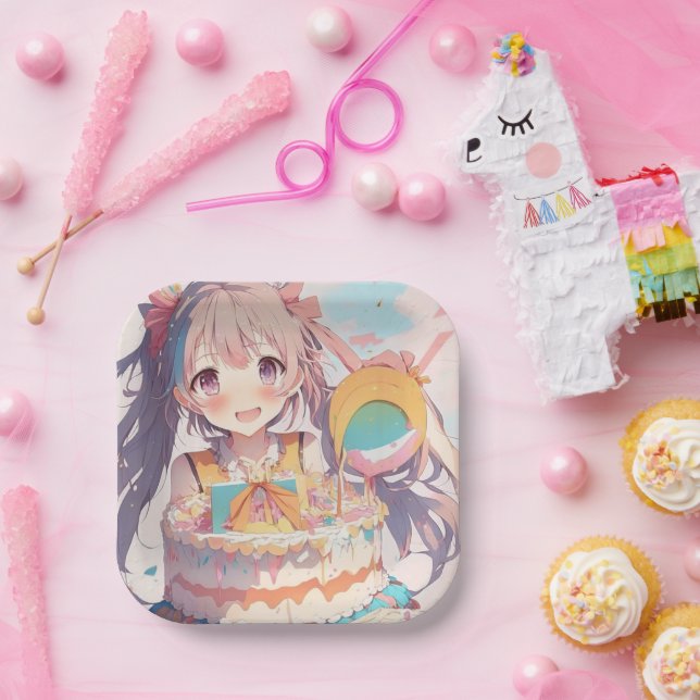 Anime Girl mit Whimsical Birthday Pappteller (Party)