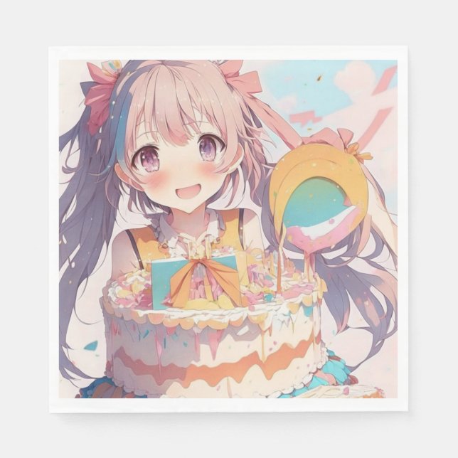Anime Girl mit Whimsical Birthday Serviette (Vorderseite)