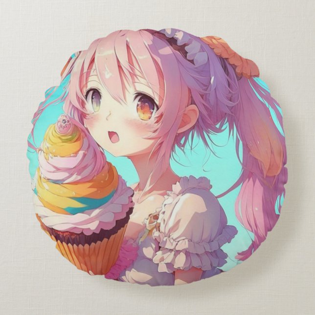 Anime Girl mit Whimsical Cupcake Rundes Kissen (Vorderseite)