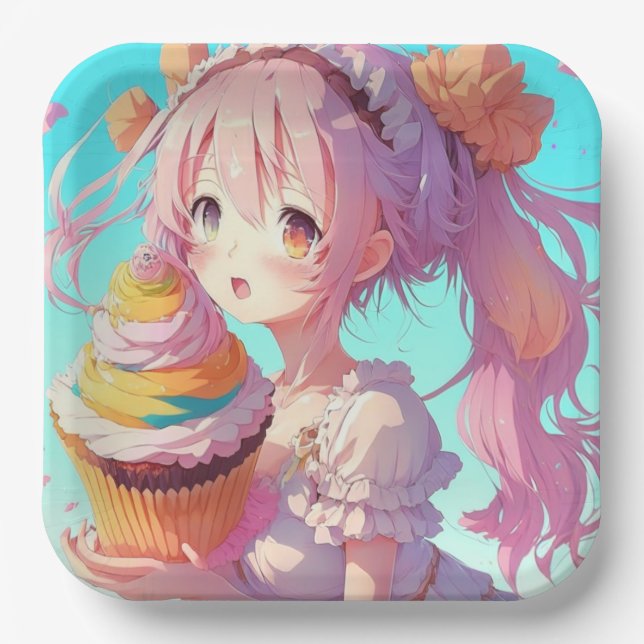 Anime Girl mit Whimsical Cupcake zum Geburtstag Pappteller (Vorderseite)
