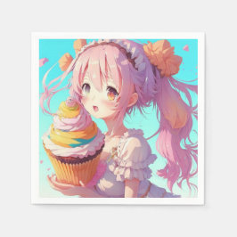 Anime Girl mit Whimsical Cupcake zum Geburtstag Serviette