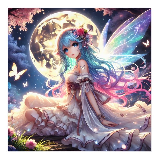 Anime Girl Moon Fairy Princess in Garden Fotodruck (Vorne)