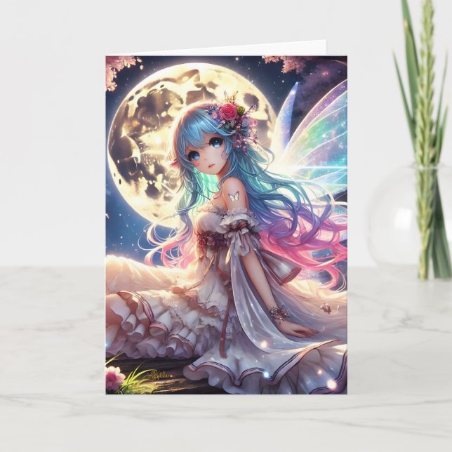 Anime Girl Moon Fairy Princess in Garden Karte (Vorderseite)