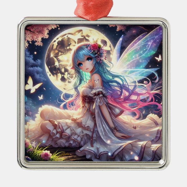 Anime Girl Moon Fairy Princess in Garden Ornament Aus Metall (Vorne)