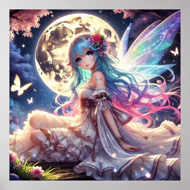 Anime Girl Moon Fairy Princess in Garden Poster (Vorne)