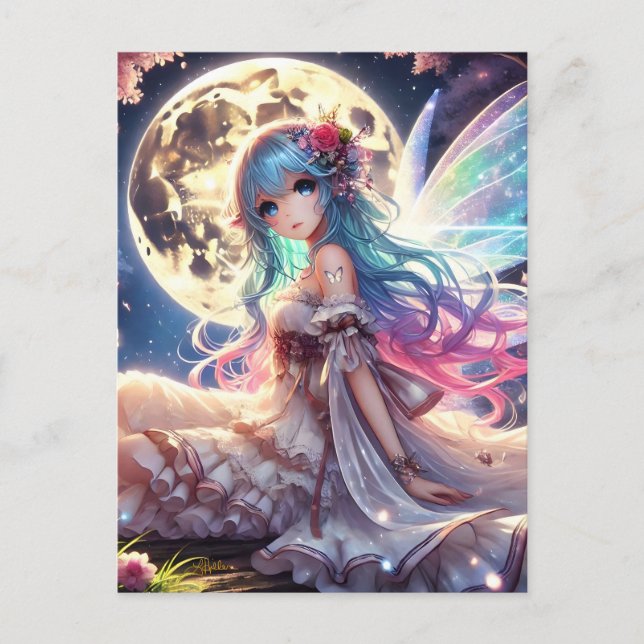 Anime Girl Moon Fairy Princess in Garden Postkarte (Vorderseite)