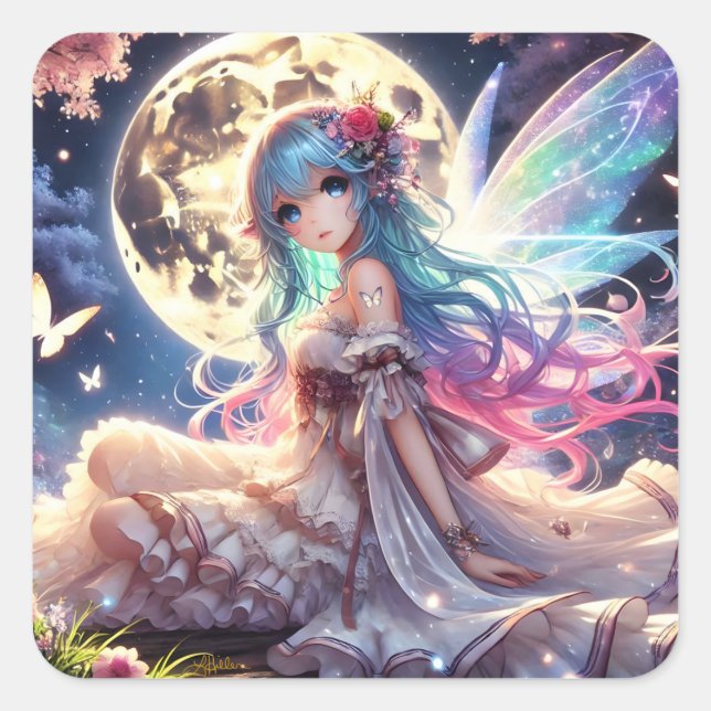 Anime Girl Moon Fairy Princess in Garden Quadratischer Aufkleber (Vorderseite)