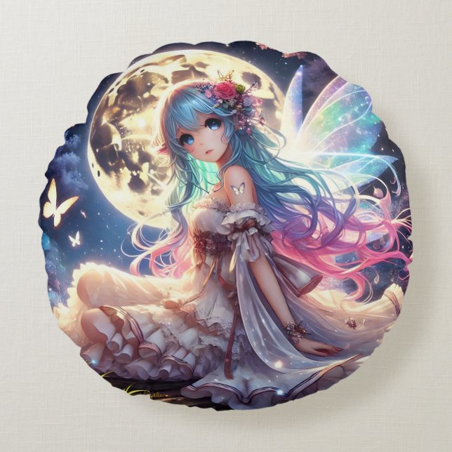 Anime Girl Moon Fairy Princess in Garden Rundes Kissen (Vorderseite)