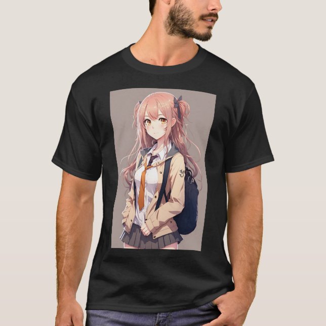 Anime Girl Niedlich Student Sexy mit Backpack T-Shirt (Vorderseite)