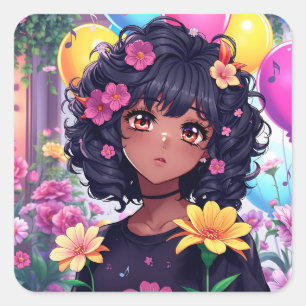 Anime Girl of Color Birthday Quadratischer Aufkleber