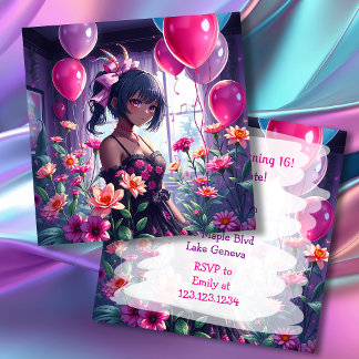 Anime Girl of Color Floral Geburtstag Einladung