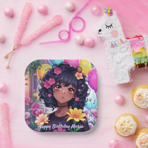 Anime Girl of Color Personalisierter Geburtstag Pappteller