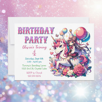 Anime Girl on Unicorn Birthday Einladung