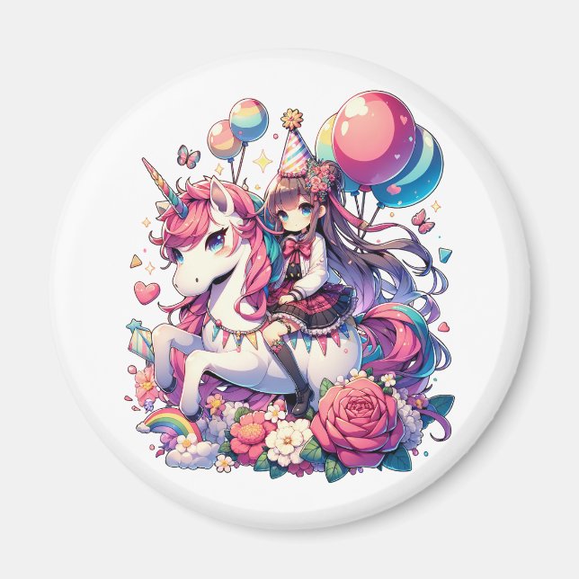 Anime Girl on Unicorn Birthday Magnet (Vorne)