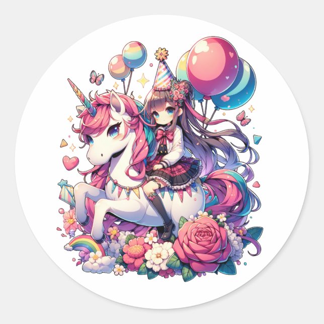 Anime Girl on Unicorn Birthday Runder Aufkleber (Vorderseite)