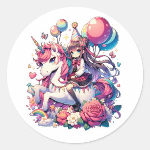 Anime Girl on Unicorn Birthday Runder Aufkleber