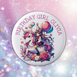 Anime Girl on Unicorn Geburtstag Personalisiert Button