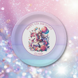 Anime Girl on Unicorn Geburtstag Personalisiert Pappteller