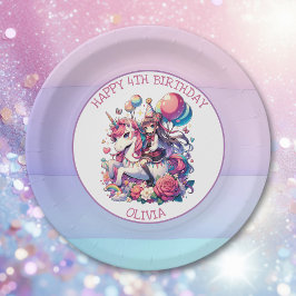 Anime Girl on Unicorn Geburtstag Personalisiert Pappteller