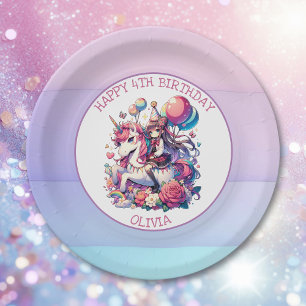 Anime Girl on Unicorn Geburtstag Personalisiert Pappteller