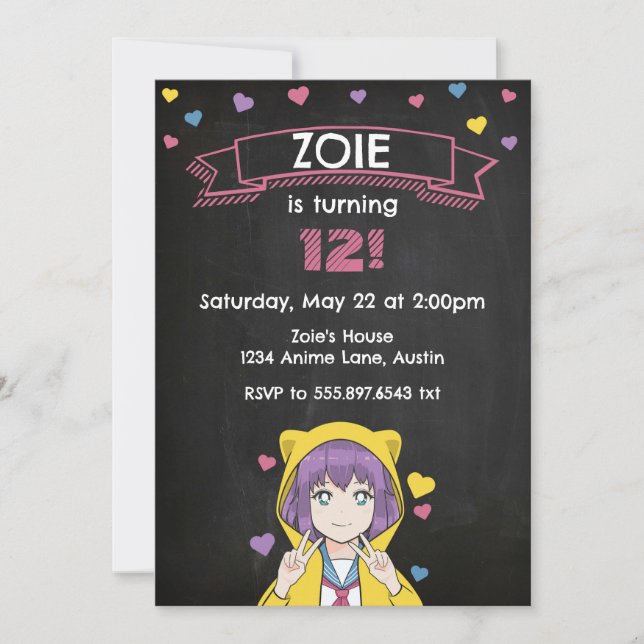 Anime Girl Peace Hearts Birthday Einladung (Vorderseite)