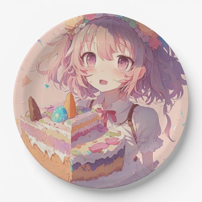 Anime Girl Piece of Cake Whimsical Birthday Pappteller (Vorderseite)