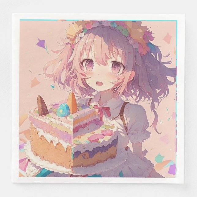 Anime Girl Piece of Cake Whimsical Birthday Serviette (Vorderseite)