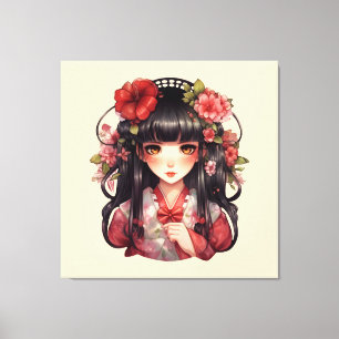 Anime Girl Pink-Blume Leinwanddruck