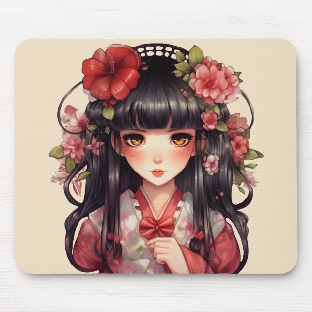 Anime Girl Pink-Blume Mousepad (Vorne)